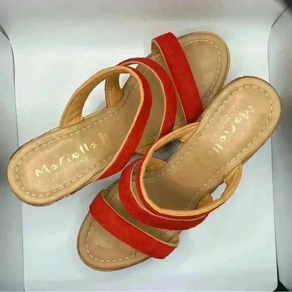 Mariella Beige Slide Wedge‎ Platform Red Straps Women Size 9 SKU #4590